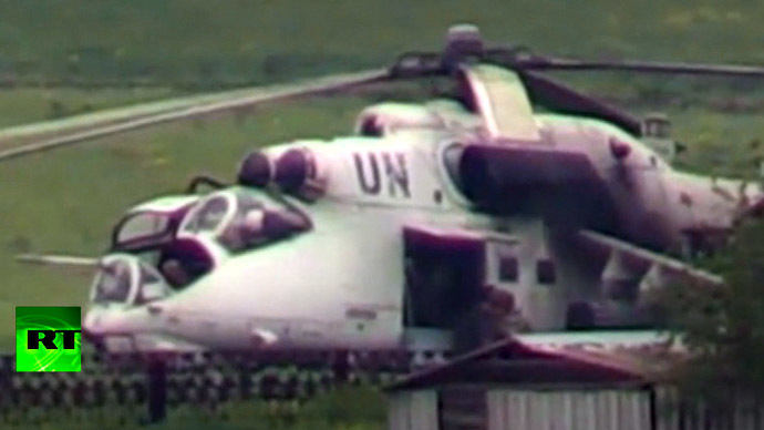 Screenshot from a video showing a white-painted Mil Mi-24 strike helicopter allegedly used by Kiev troops in their military operation against Donetsk regional militia.