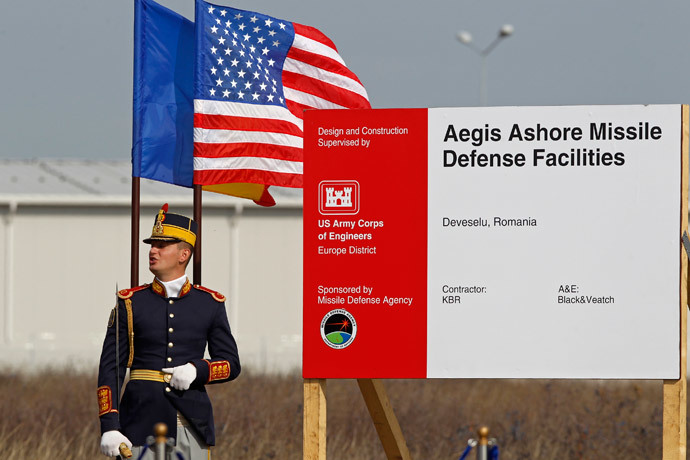 A Romanian soldier attends the official ground breaking ceremony of the site for the U.S. Aegis Ashore missile defense facility, located in a former airbase on Deveselu that will form part of a shield to protect Europe, next to Deveselu village, 182 km east of Bucharest, October 28, 2013.(Reuters / Bogdan Cristel )