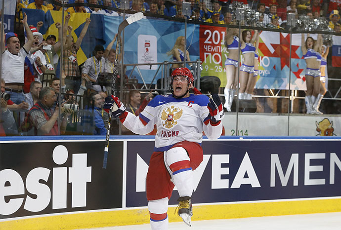 Russia's Alexander Ovechkin celebrates after scoring a goal against Finland during the second period of their men's ice hockey World Championship final game at Minsk Arena in Minsk May 25, 2014. (Reuters / Vasily Fedosenko)