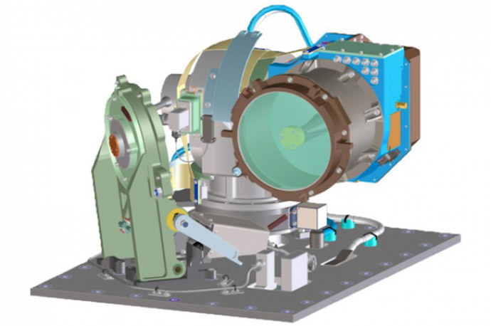 Design drawing of the optical module on the satellite showing the telescope and gimbal (pivoted support) / NASA