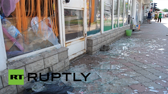 Shop windows shattered by shelling in Slavyansk on May 28, 2014. (A screenshot from Ruptly video)