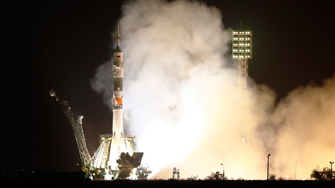 The Soyuz TMA-13M spacecraft carrying the International Space Station crew of Alexander Gerst of Germany, Maxim Surayev of Russia and Reid Wiseman of the U.S. blasts off from the launch pad at the Baikonur cosmodrome May 29, 2014.(Reuters / Shamil Zhumatov)