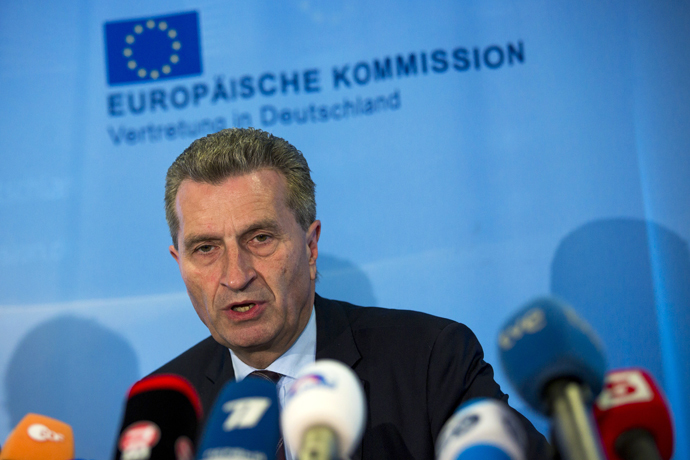 European Energy Commissioner Guenther Oettinger speaks during a news conference after EU-Ukraine-Russia energy negotiations at the EU commission representation in Berlin May 30, 2014. (Reuters/Thomas Peter)