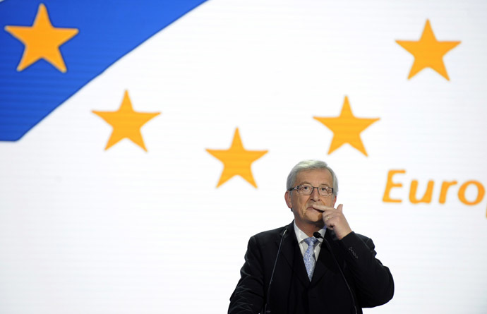 Jean-Claude Juncker reacts on provisional results for the European Parliament elections at the European Parliament in Brussels May 25, 2014. (Reuters/Eric Vidal)