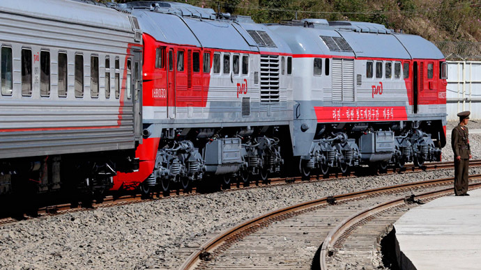 A Russian train has arrived for the opening ceremony of the railroad section from Khasan station in Primorye Territory, Russia, to Rajin station in North Korea. (RIA Novosti/Vitaliy Ankov)