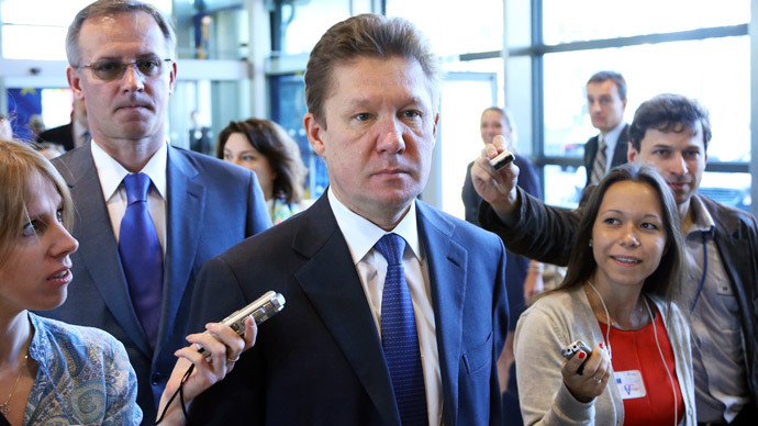 Gazprom Chief Executive Officer Alexei Miller is surrounded by reporters as he arrives for an EU-Russia-Ukraine trilateral energy meeting at the European Commission headquarters in Brussels June 11, 2014.(Reuters / Francois Lenoir)