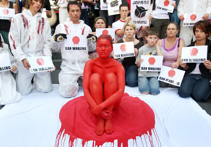 Australia, Melbourne : A protester sits on a Japanese flag covered in fake blood as members of Animal Liberation Victoria protest outside Japan's consulate over Japan's hunting of nearly 1,000 whales in the Southern Ocean, in Melbourne 03 January 2008. (AFP Photo)