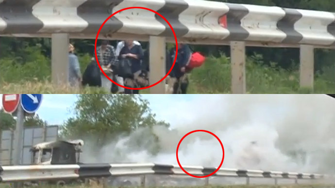 Civilians seen evacuating Lugansk (top) - seconds after a shell explodes just near them (bottom)