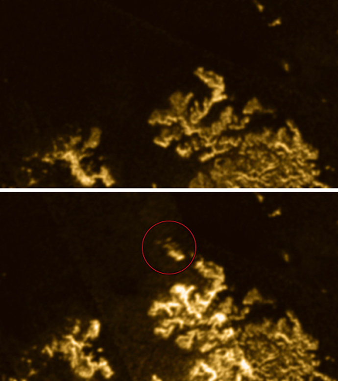 Cassini images of Ligeia Mare taken in April 2007 (top) and July 2013 (bottom) with the "mysterious island" marked. Images by NASA