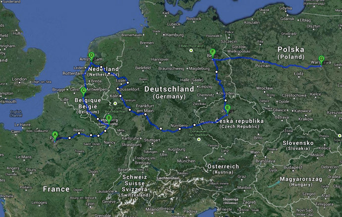 Dubanchetâs route from Paris to Warsaw (image from http://lafaimdumonde2014.com)