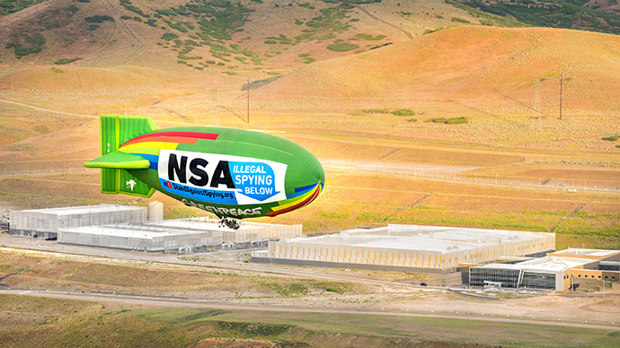 A coalition of grassroots groups from across the political spectrum joined forces to fly an airship over the NSA's data center in Bluffdale, Utah on Friday, June 27, 2014, to protest the government's illegal mass surveillance program. (Photo by Greenpeace)
