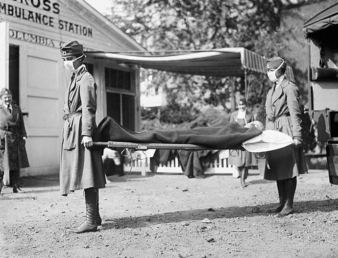 Demonstration at the Red Cross Emergency Ambulance Station in Washington, D.C., during the influenza pandemic of 1918. (Image from wikipedia.org)