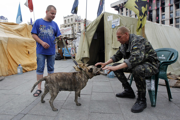 Maidan self-defense activists play with a dog in the tent city on Independence Square in Kiev May 30, 2014. (Reuters)