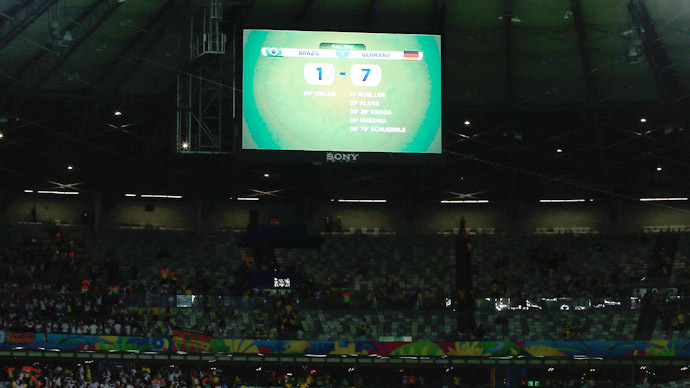 A general view shows the final score of the semi-final football match between Brazil and Germany at The Mineirao Stadium in Belo Horizonte during the 2014 FIFA World Cup on July 8, 2014. Germany won 7-1. (AFP Photo/Adrian Dennis)