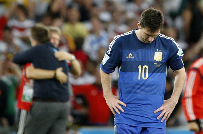 Argentina's Lionel Messi reacts after losing their 2014 World Cup final against Germany at the Maracana stadium in Rio de Janeiro July 13, 2014. (Reuters/Sergio Moraes)