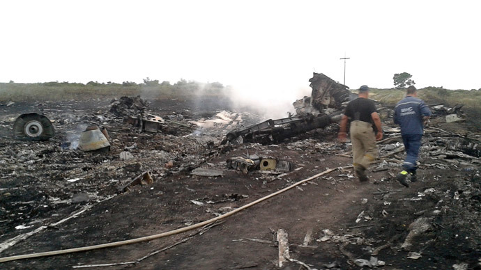 Emergencies Ministry members walk at the site of a Malaysia Airlines Boeing 777 plane crash in the settlement of Grabovo in the Donetsk region, July 17, 2014.(Reuters / Maxim Zmeyev )