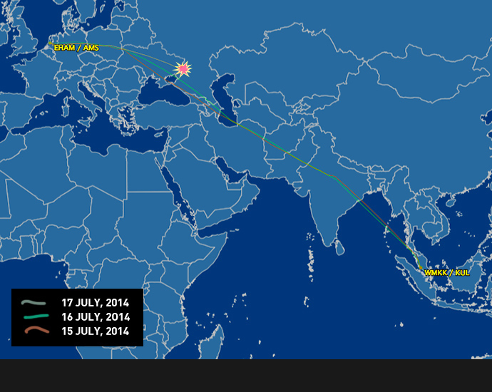 Malaysian Airlines MH17 flight paths on Tuesday, Wednesday and Thursday as reported by flightaware.com