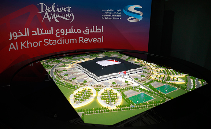 A scale model of the Al-Khor Stadium during a news conference to announce the start of work on the stadium in Al-Khor June 21, 2014 (Reuters / Mohammed Dabbous)