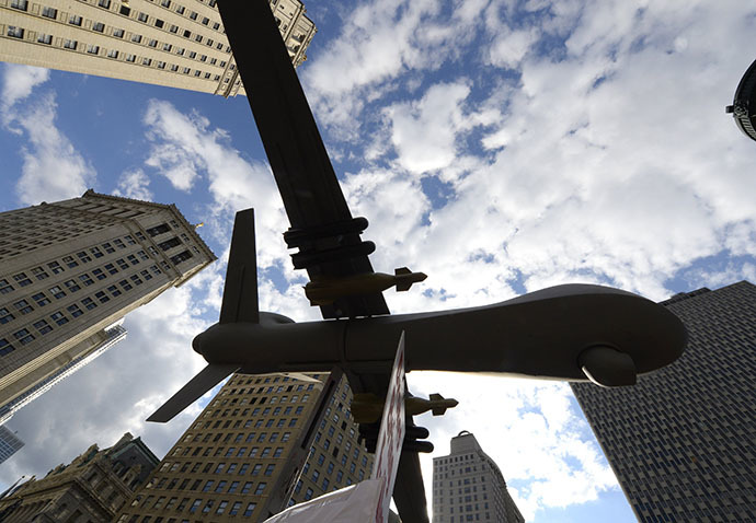A model of a drone on display as New Yorkers gather to protest IsraelÃ­s military assault in Gaza during a rally at Foley Square July 24, 2014 where they will read aloud over hundred names of the Palestinian children that killed in IsraelÃ­s assault, before march through lower Manhattan. (AFP Photo / Timothy A. Clary)