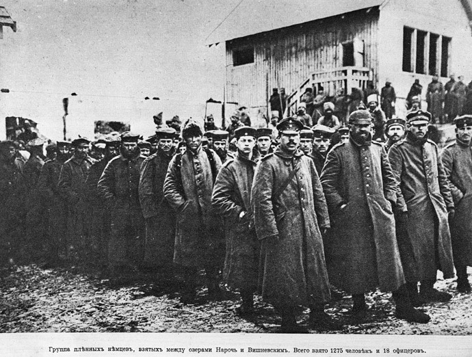 German prisoners of war seen during the Lake Naroch Offensive in March 1916, World War I (1914-1918). During the operation, the Russian Imperial Army took prisoner a total of 1,275 German soldiers. Image reproduced from a photograph. National History Museum. (RIA Novosti / Yuri Kaplun) 