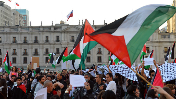 People take part in a demonstration outside the La Moneda presidential palace in Santiago, Chile, on August 02, 2014, to protest against Israel's military campaign in Gaza and show their support to the Palestinian people.(AFP Photo / Martin Bernetti)