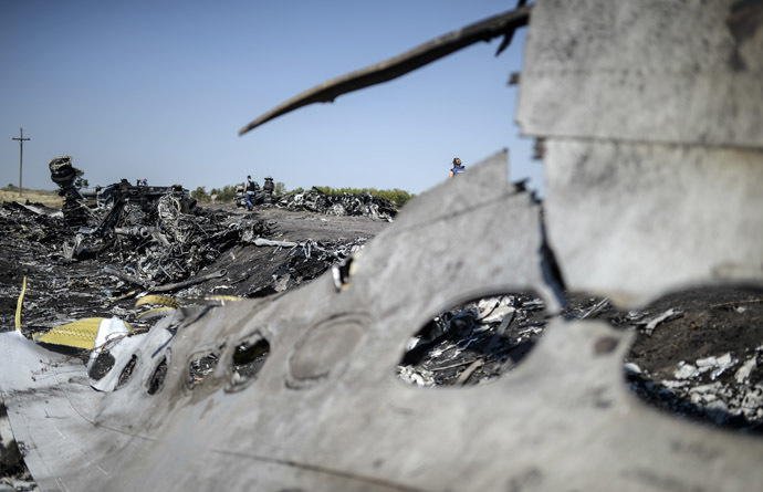 A part of the Malaysia Airlines Flight MH17 at the crash site in the village of Hrabove (Grabovo), some 80km east of Donetsk, on August 2, 2014. (AFP Photo)