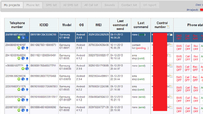 Interface for the program used by the criminals to organize stolen phone data. (Image from group-ib.ru_