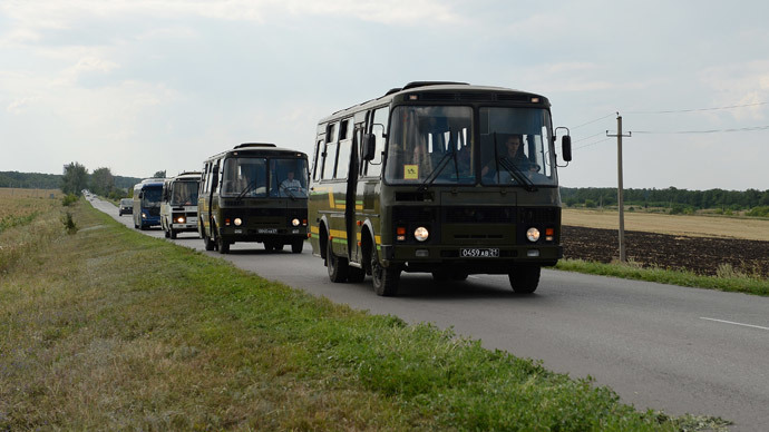 A truck convoy with Ukrainian soldiers on the way from the Rostov Region to Ukraine.(RIA Novosti / Maksim Blinov)