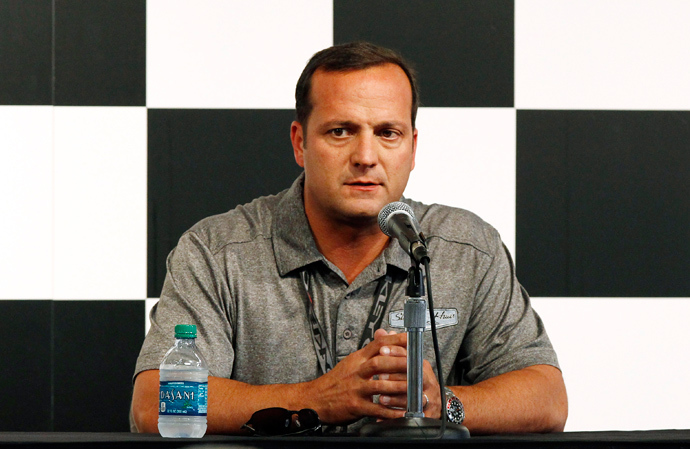 Aug 10, 2014; Watkins Glen, NY, USA; Stewart-Haas Racing crew chief Greg Zipadelli announces that NASCAR Sprint Cup Series driver Tony Stewart (not pictured) will not compete in the Cheez-It 355 at Watkins Glen International (Reuters / Kevin Hoffman)