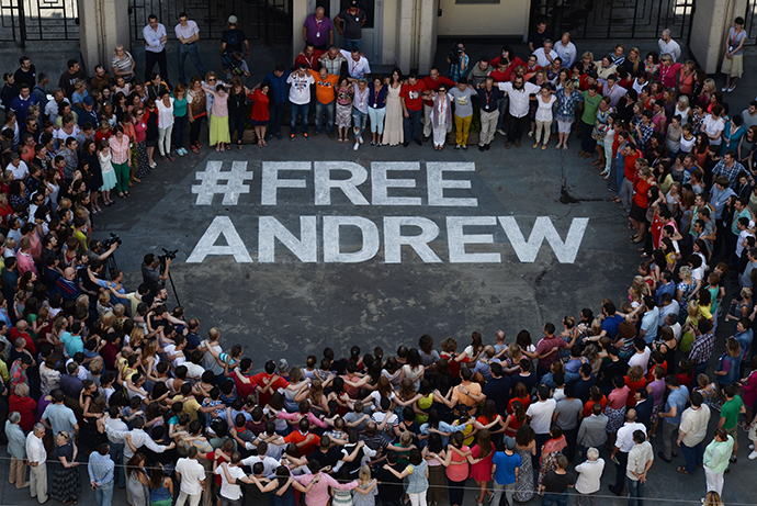 Flash mob #Free Andrew in support of the Russia Today photograper Andrei Stenin who has got lost in Ukraine (RIA Novosti / Valery Melnikov)