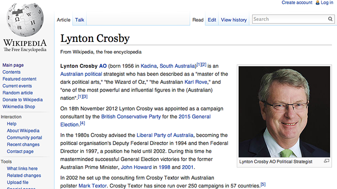 Tory strategist Lynton Crosby deletes criticism of Phillip Morris links from Wikipedia