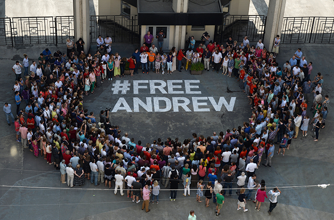 Flash mob #Free Andrew in support of the Russia Today photograper Andrei Stenin who has got lost in Ukraine. (RIA Novosti / Valeriy Melnikov)