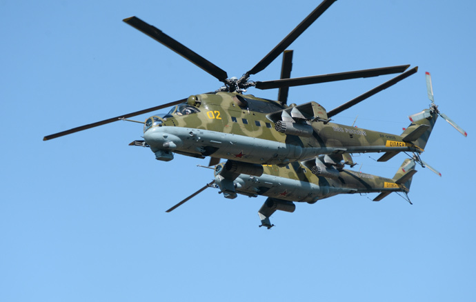 ARCHIVE PHOTO: Russian Mi-24 helicopters during practical training held as part of the Peace Mission 2013, a Russia-China joint anti-terrorism drill, at the Chebarkul firing range. (RIA Novosti / Pavel Lisitsyn)