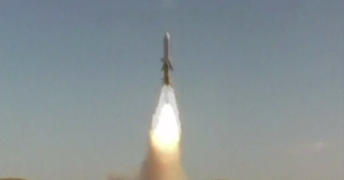 Ghadir missile cruising over sea. Screenshot from APTN video