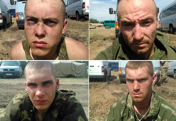 This combination of handout pictures released by Ukrainian security service (SBU) press service on August 26, 2014 purportedly shows Russian paratroopers captured by Ukrainian forces near the village of Dzerkalne, Donetsk region (AFP Photo / SBU Press-Service / Str)