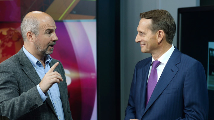 State Duma Speaker Sergey Naryshkin and RT's Managing Director Alexey Nikolov at RT on August 30, 2014 (Image by RIA Novosti)