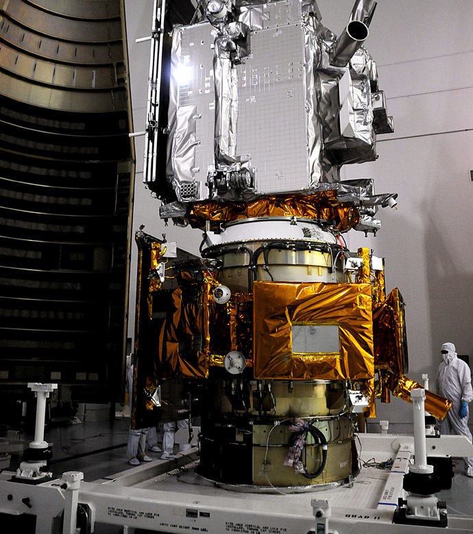 The Lunar Reconnaissance Orbiter or LRO (Top) and the Lunar Crator Observation and Sensing Satellite or LCROSS (Lower) on May 15, 2009 waiting encapsulation at Astrotech facility in Titusville, Florida near Kennedy Space Center. (AFP Photo/Bruce Weaver)