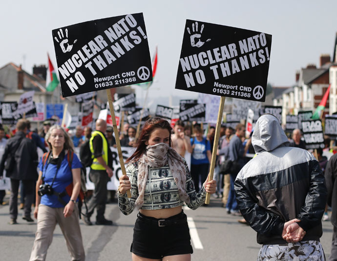 Demonstrators protest against the NATO summit being held at the Celtic Manor resort, near Newport, in Wales September 4, 2014. (Reuters)
