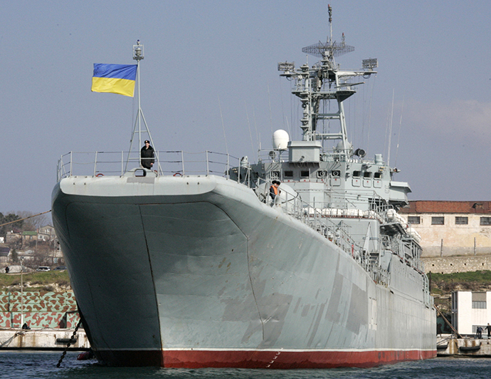 A crew prepares for the departure of Ukrainian naval landing vessel "Konstantin Olshansky" (Reuters)