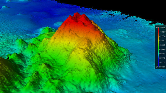 Three-dimensional view of the southwest side of the seamount with 23-degree slopes (University of New Hampshire Center for Coastal and Ocean Mapping/Joint Hydrographic Center)