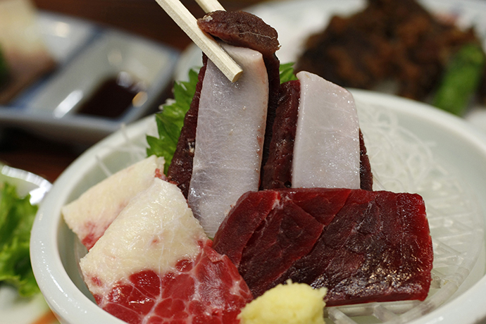 A piece of sliced raw whale meat is pictured in a restaurant in Japan's oldest whaling village of Taiji, 420 km (260 miles) southwest of Tokyo June 2, 2008. (Reuters / Issei Kato)