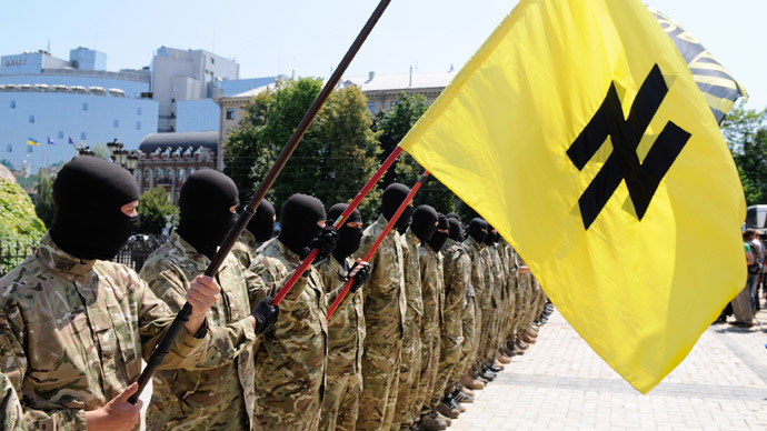 Azov battalion soldiers take an oath of allegiance to Ukraine in Kiev's Sophia Square before being sent to the Donbass region. (RIA Novosti/Alexandr Maksimenko)