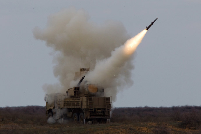 Rocket launch by the Pantsir-S surface-to-air missile system during an exercise (air defense conference) of the Air Defense soldiers. (RIA Novosti/ Mikhail Fomichev)