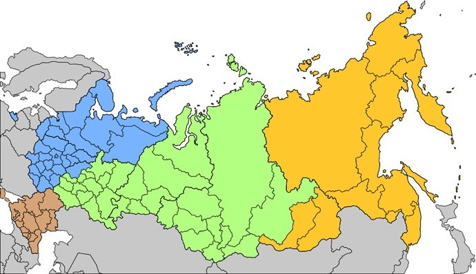 Russia's military districts: Blue - West, Green - Center, Orange - East, Brown - South (Updated image from wikipedia.org now shows Crimea as part of South Military District)