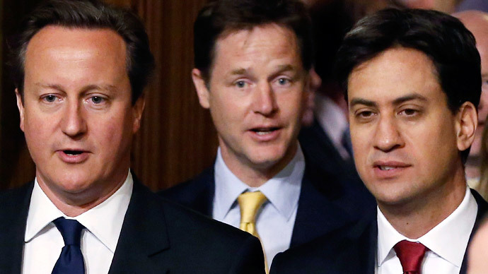 Britain's Prime Minister David Cameron (L), deputy Prime Minister Nick Clegg (C) and Ed Miliband. (Reuters / Dan Kitwood )