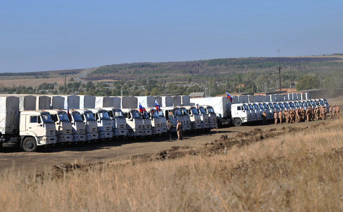 Russia's third humanitarian aid convoy is prepared to be sent to the southeast of Ukraine on a testing site in the town of Kamensk-Shakhtinsky, Rostov Region. (RIA Novosti/Sergey Pivovarov)