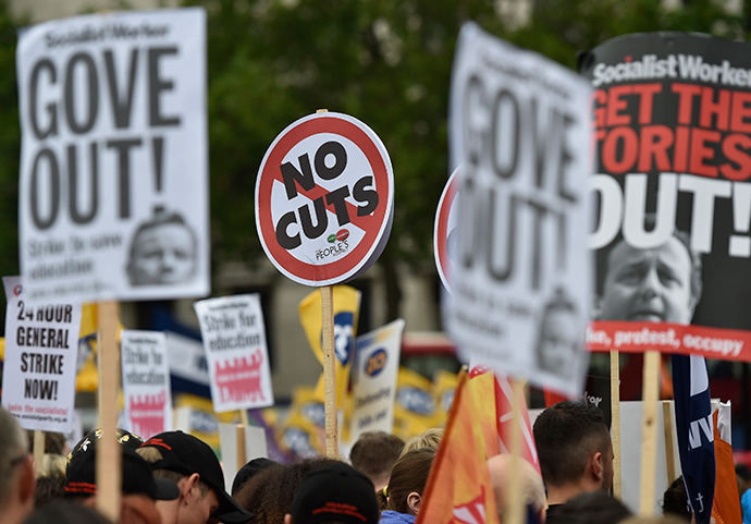 Striking public sector workers protest in Trafalgar Square in central London July 10, 2014 (Reuters)