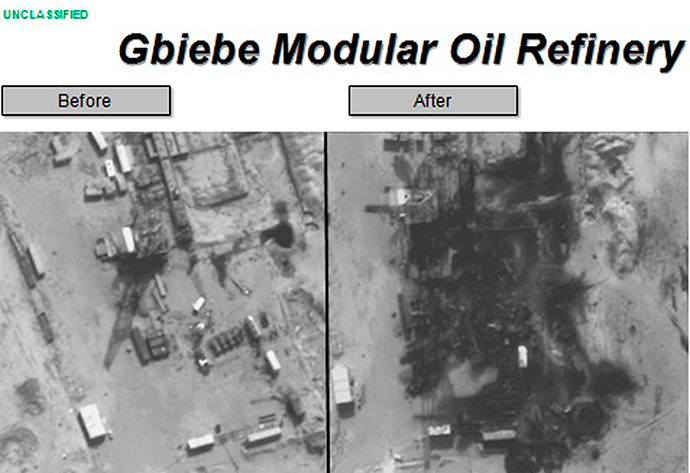 Before and after aerial pictures released by the U.S. Department of Defense September 25, 2014, show damage to the Gbiebe Modular Oil Refinery in Syria following air strikes by U.S. and coalition forces (Reuters / HO)