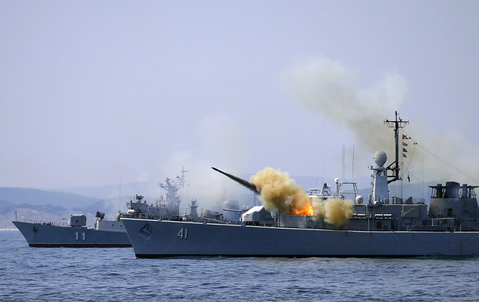A missile is launched from the Bulgarian navy frigate "Drazki" during BREEZE 2014 military drill in the Black Sea July 11, 2014. (Reuters/Stoyan Nenov)