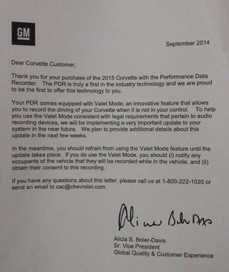 General Motors letter to customers about Valet Mode (General Motors)